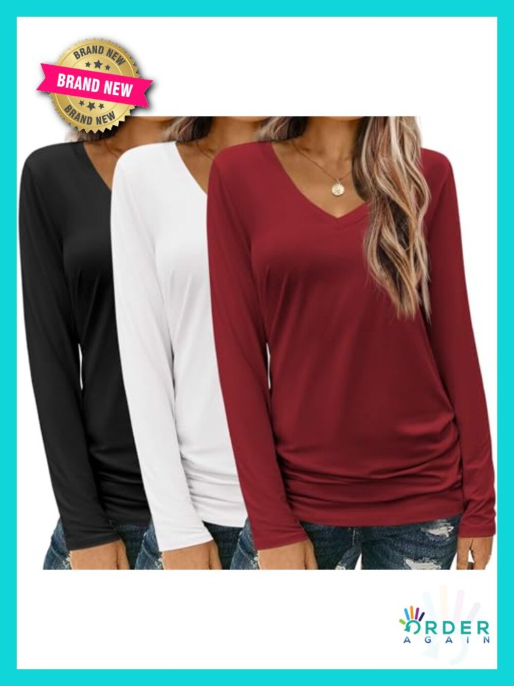V Neck Long Sleeve Casual T-Shirt Soft Stretch Basic Tee